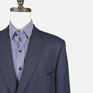 Joseph & Feiss Gold Sport Coat Blazer 50R Blue Herringbone Windowpane Wool